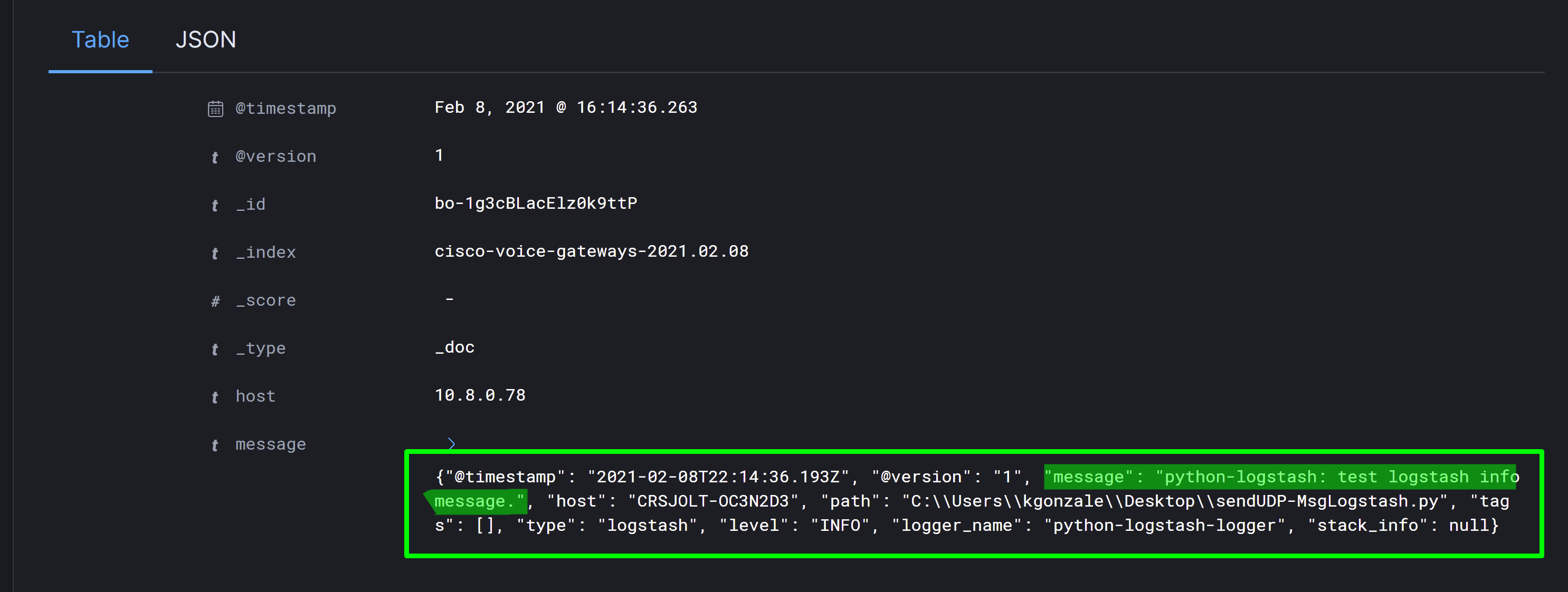 Send basic message to logstash using pythonlogstash and remove