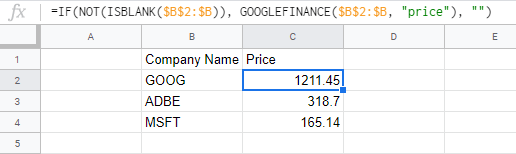 google sheets How to integrate GOOGLEFINANCE results in an array