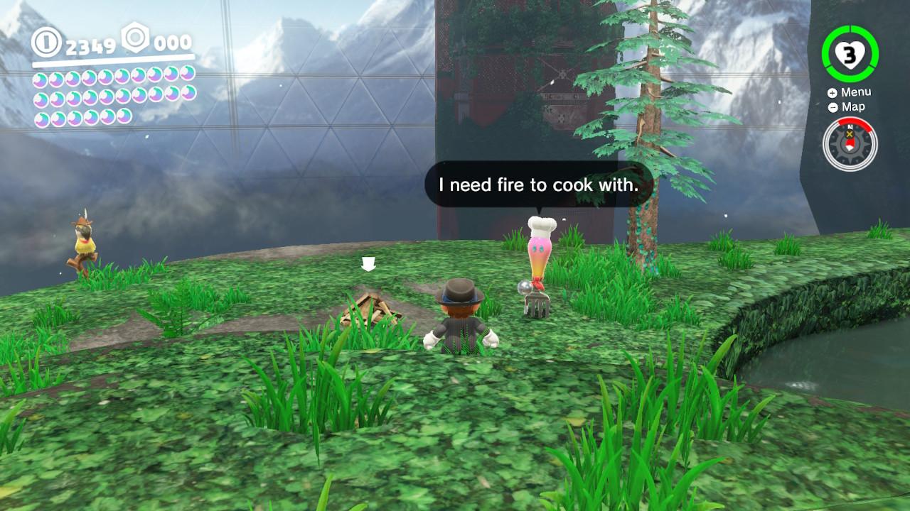 super mario odyssey How do I light the campfire in the Wooded Kingdom