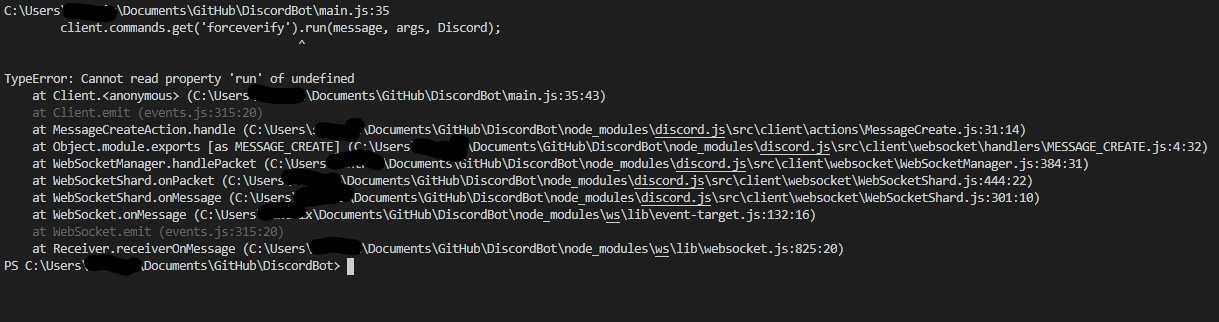 javascript Cannot read property 'run' of undefined discord js Stack