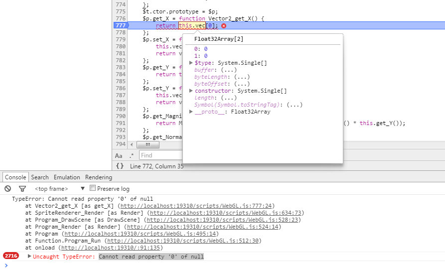 Javascript Float32 array throws Cannot read property '0' of null even