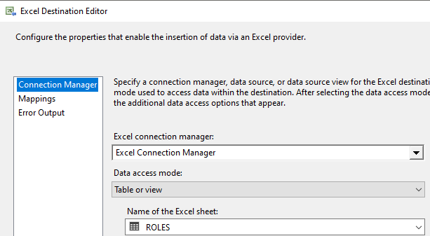 sql server SSIS loading to Excel error "Opening a rowset for "x
