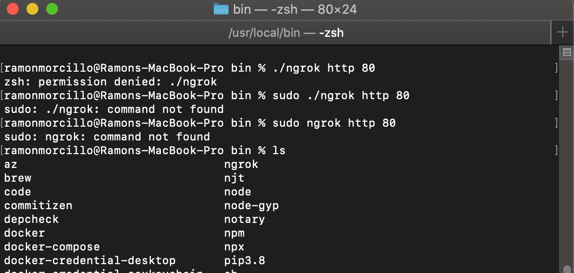 macos ngrok command not found and is already on /usr/local/bin