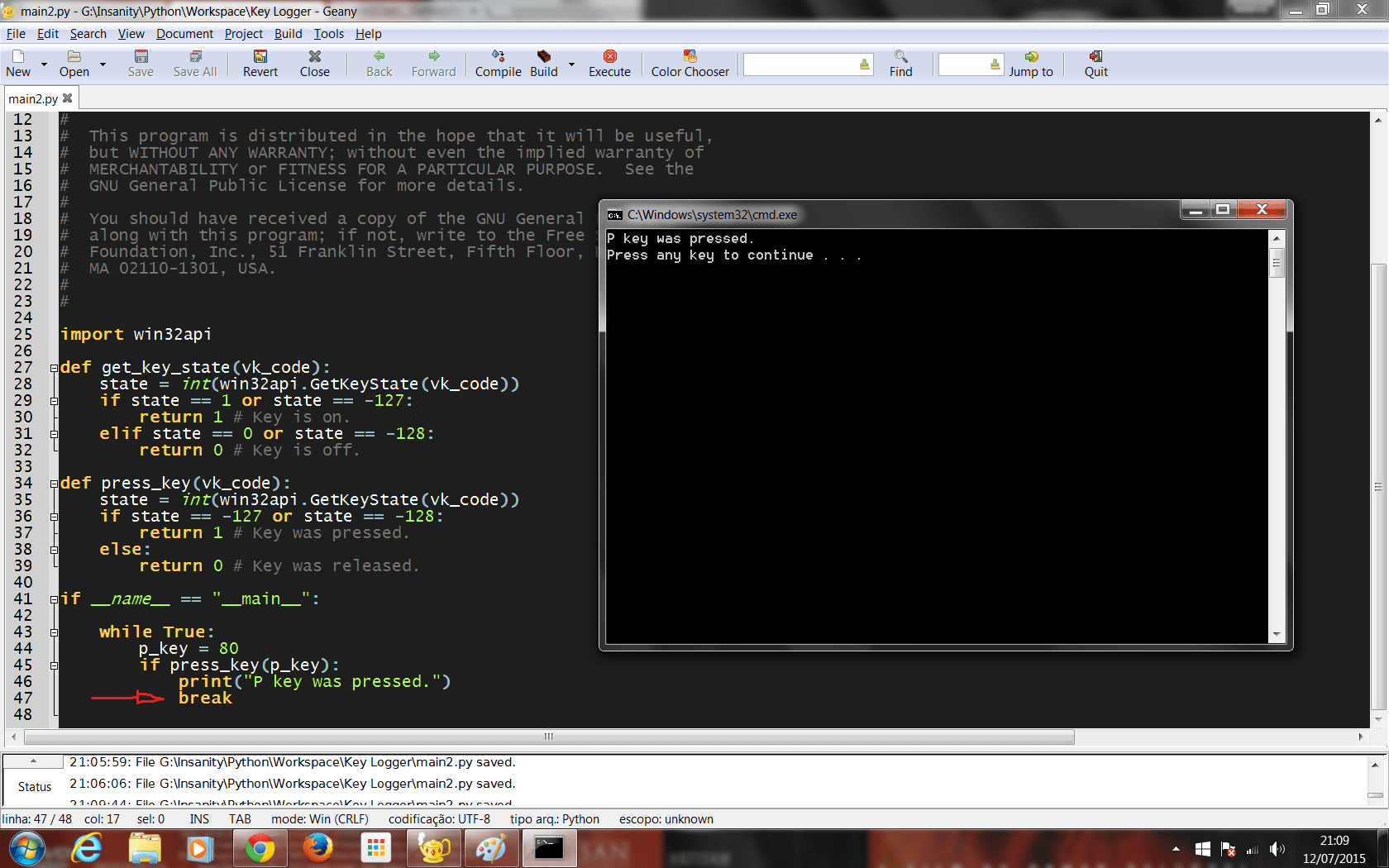 python How do I "execute" only one key press inside a while loop