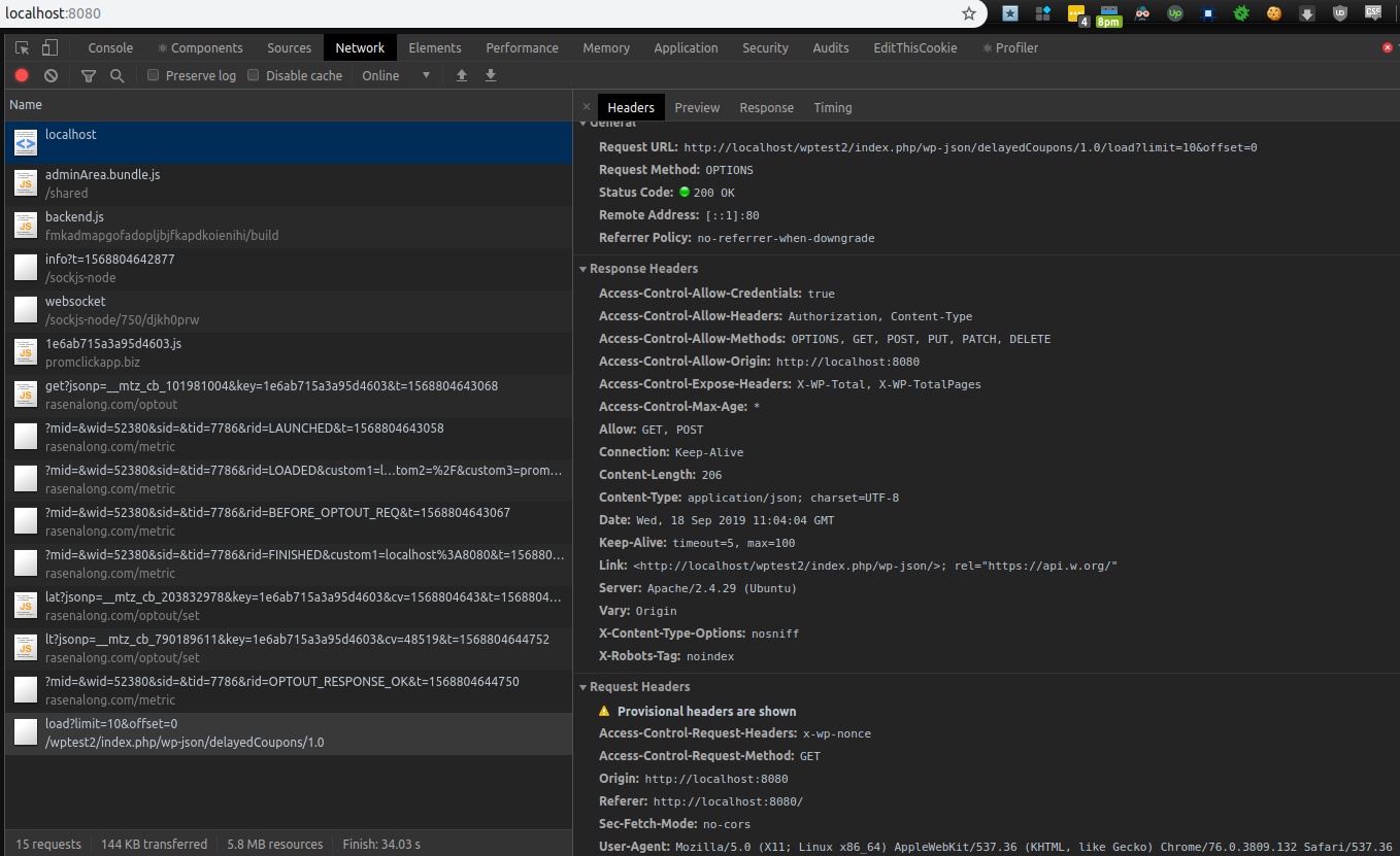 rest api xwpnonce is not allowed by AccessControlAllowHeaders in