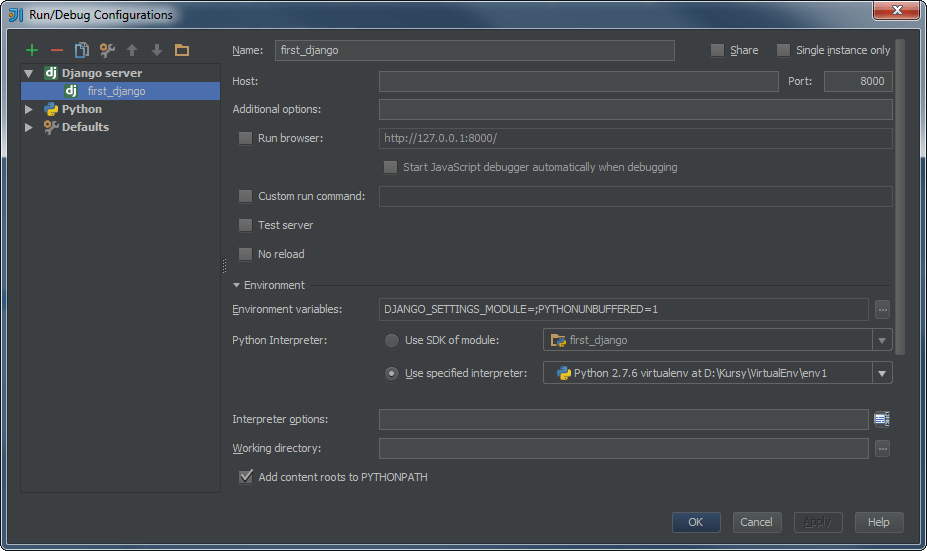 python IntelliJ IDEA Define the environment variable DJANGO_SETTINGS
