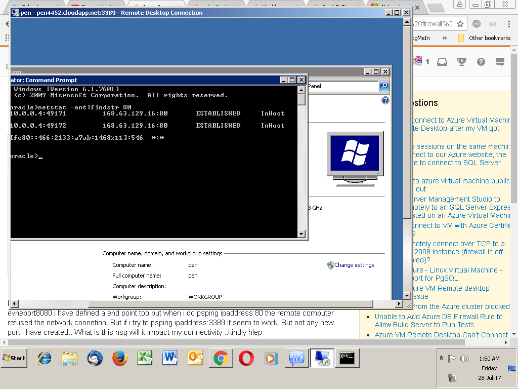 Trying to psping to azure machine firewall is off, but still unable to