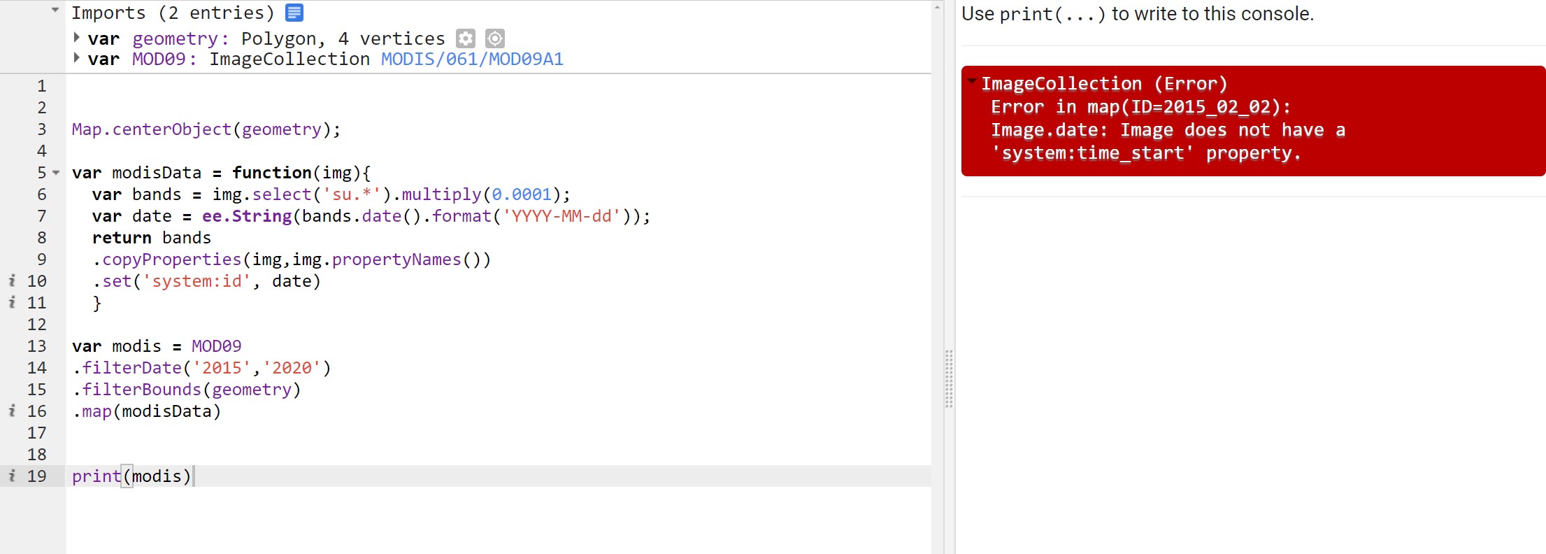 System Time Start Error in Google Earth Engine? Geographic