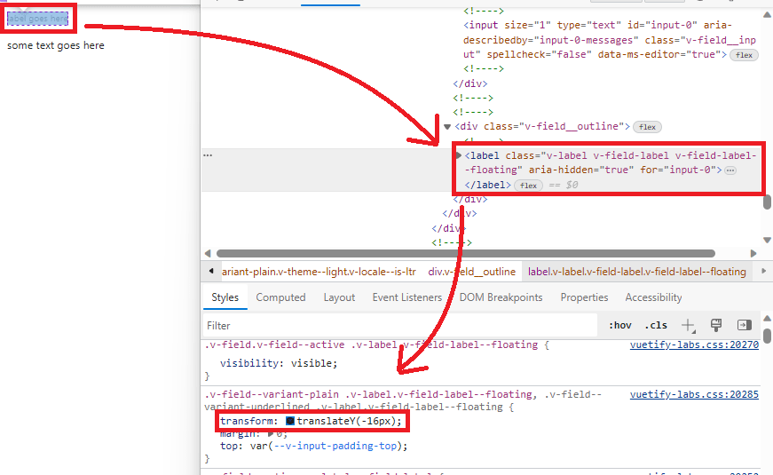 html How to lower space between label and field for Vuetify input