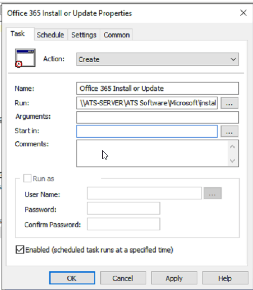 windows server 2019 Group Policy scheduled task for running .bat file
