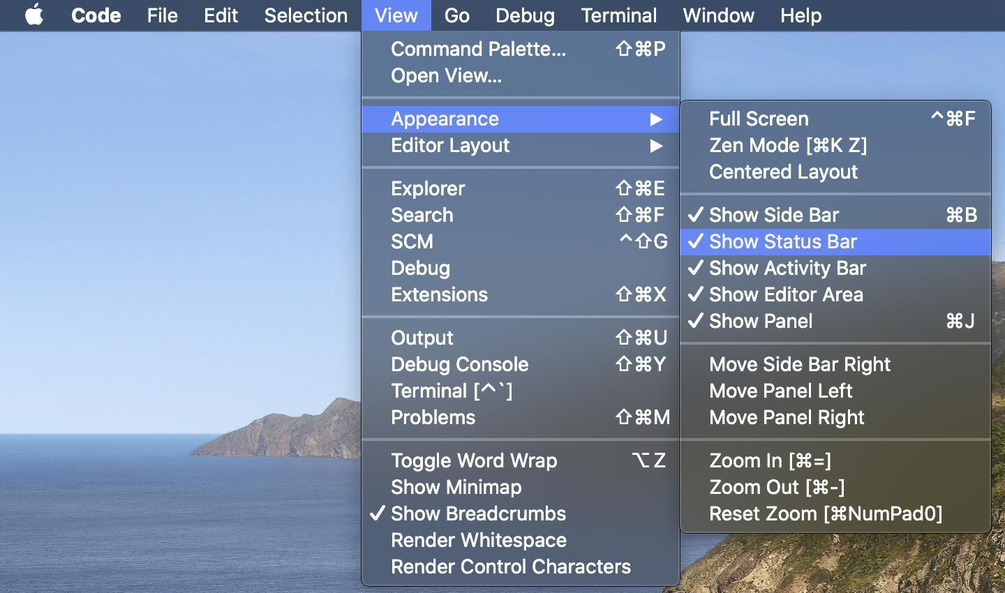 How can I hide the status bar in vs code?