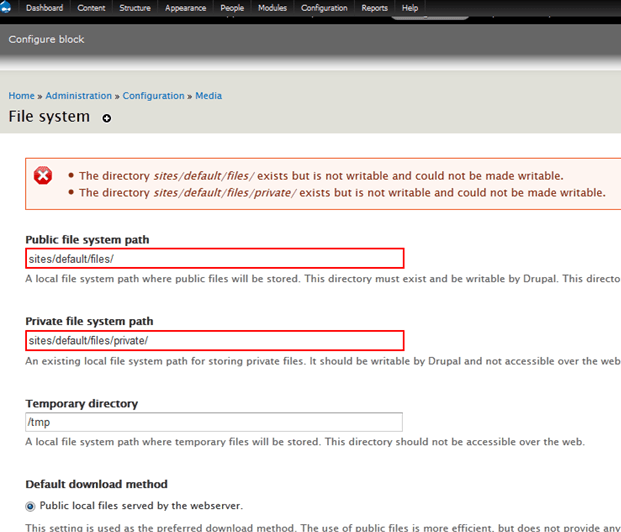 Drupal The directory sites/default/files exists but is not writable and could not be made