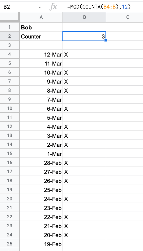 Google Sheets formula how to count up to 12 and then restart? 