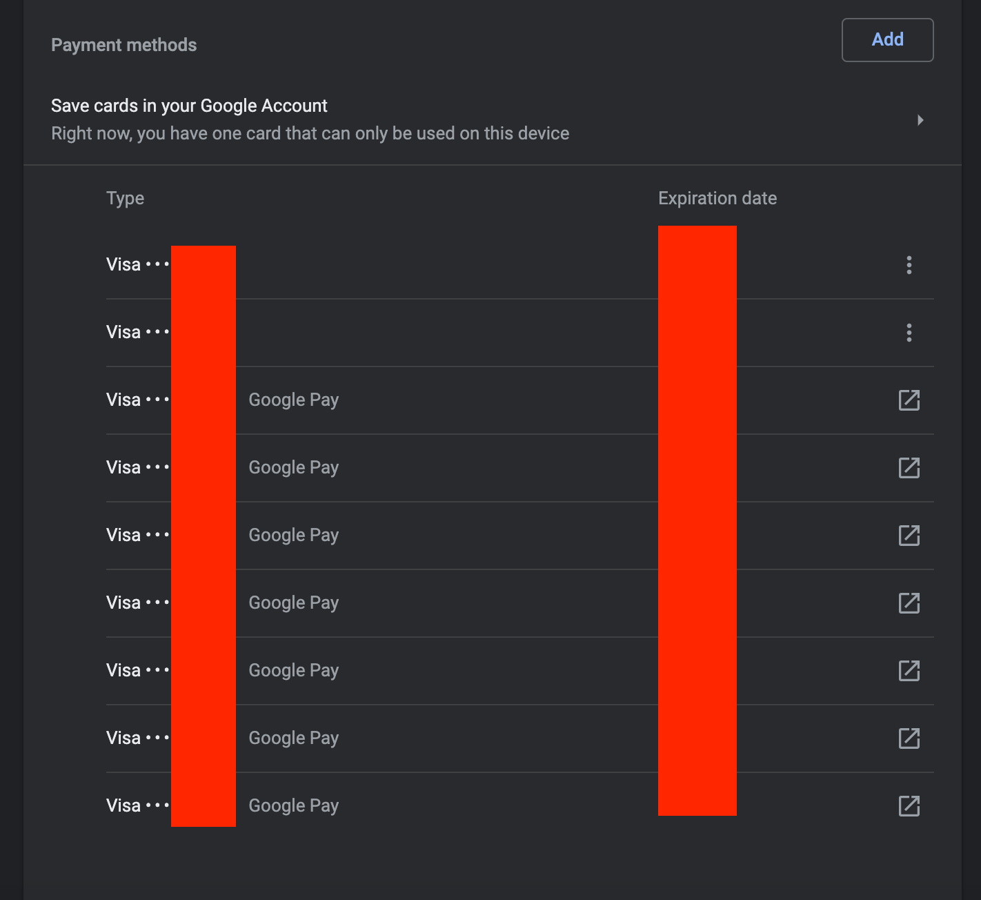 Chrome has 7 credit cards from Google Pay but Google Pay shows 0 cards