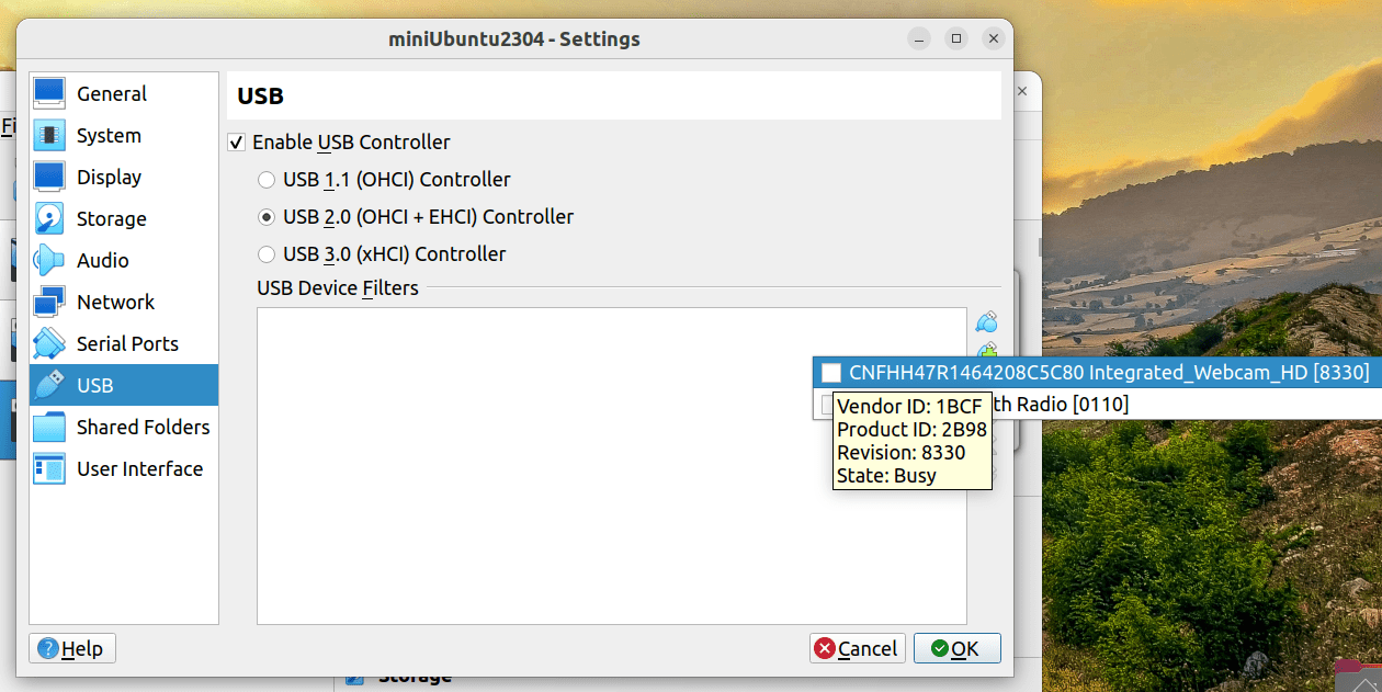 webcam Virtualbox not seeing any usb devices in the usb filters