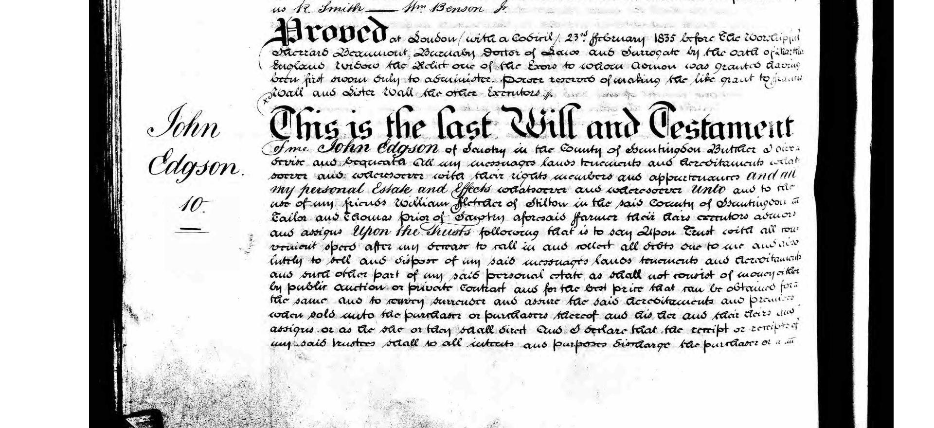 19th century Transcription of an 1835 will entry in Prerogative Court