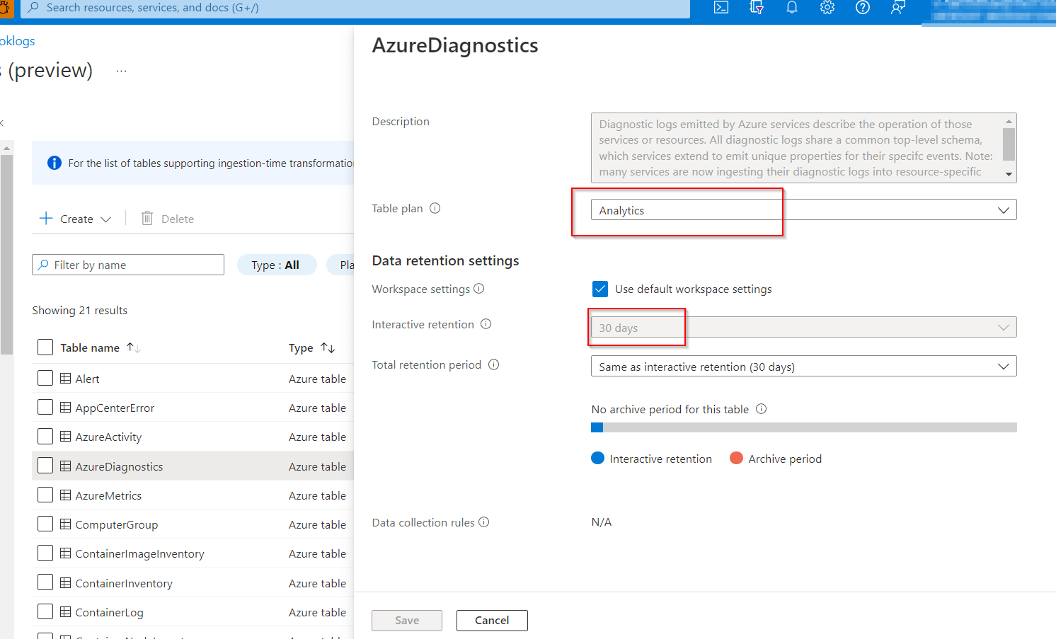 logging Is there a way to set up my Azure Log Interactive retention
