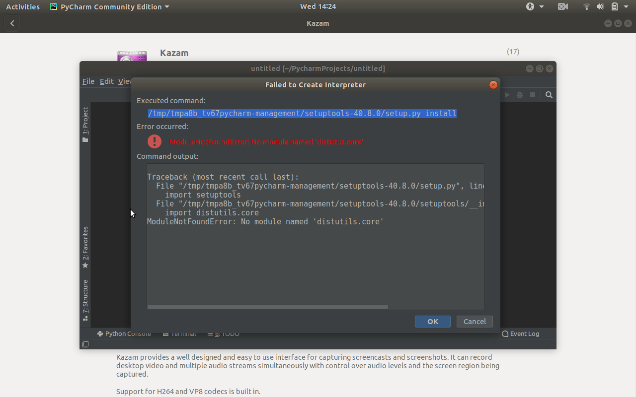 snap Problem after installing pycharm"failed to create