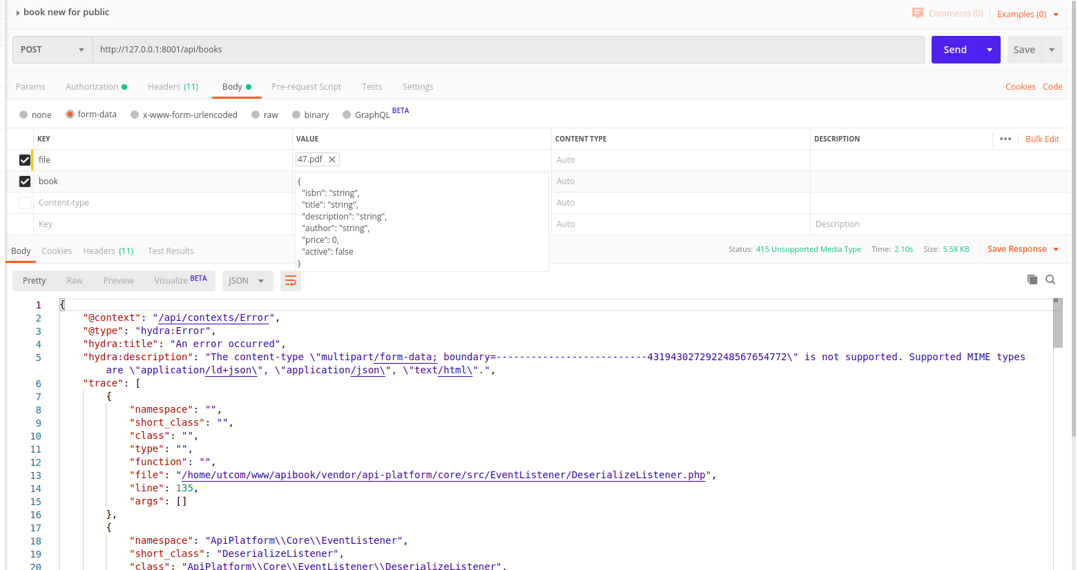 postman How to send json and file with Symfony Api Pltaform Stack