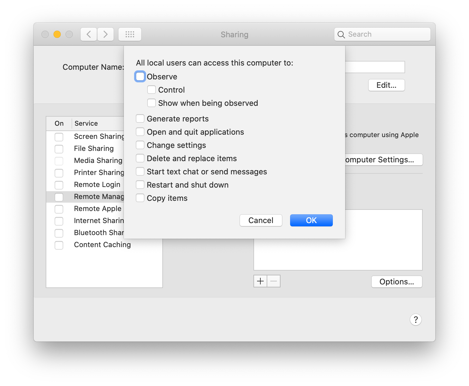 catalina What are the default settings for "Remote Management" under