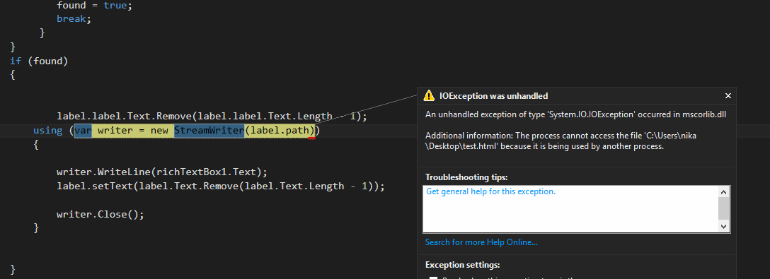 dispose c streamwriter "process cannot access file" error even when