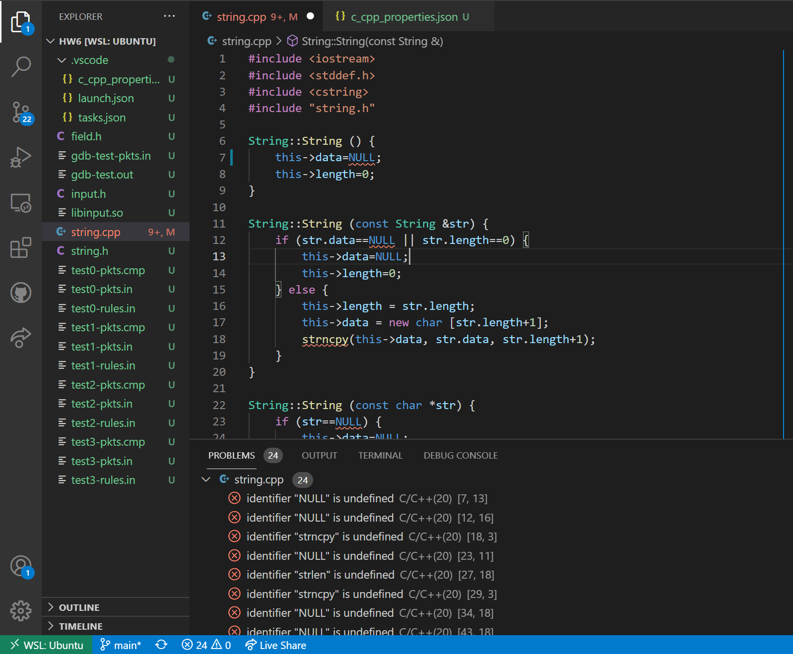c++ identifier "NULL" is undefined and identifier "strncpy" is