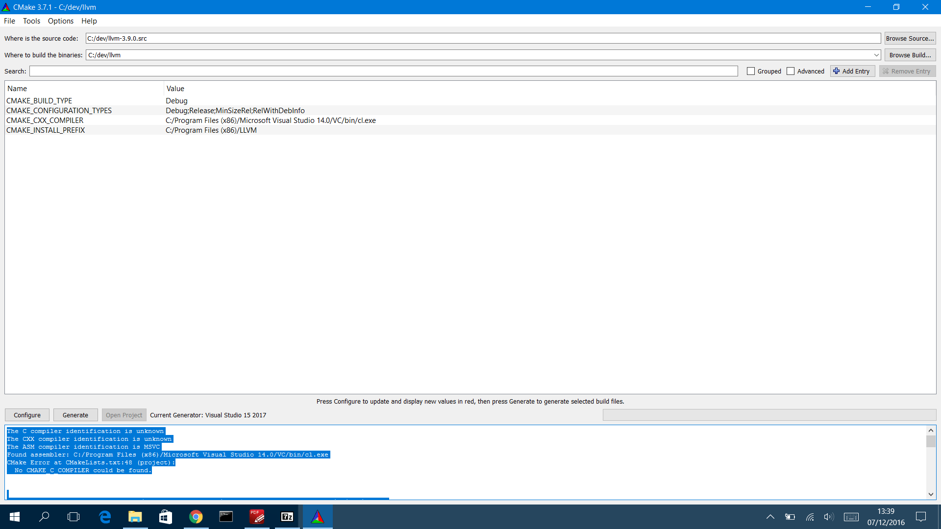 c++ Cannot build LLVM on Windows 10 using Visual Studio