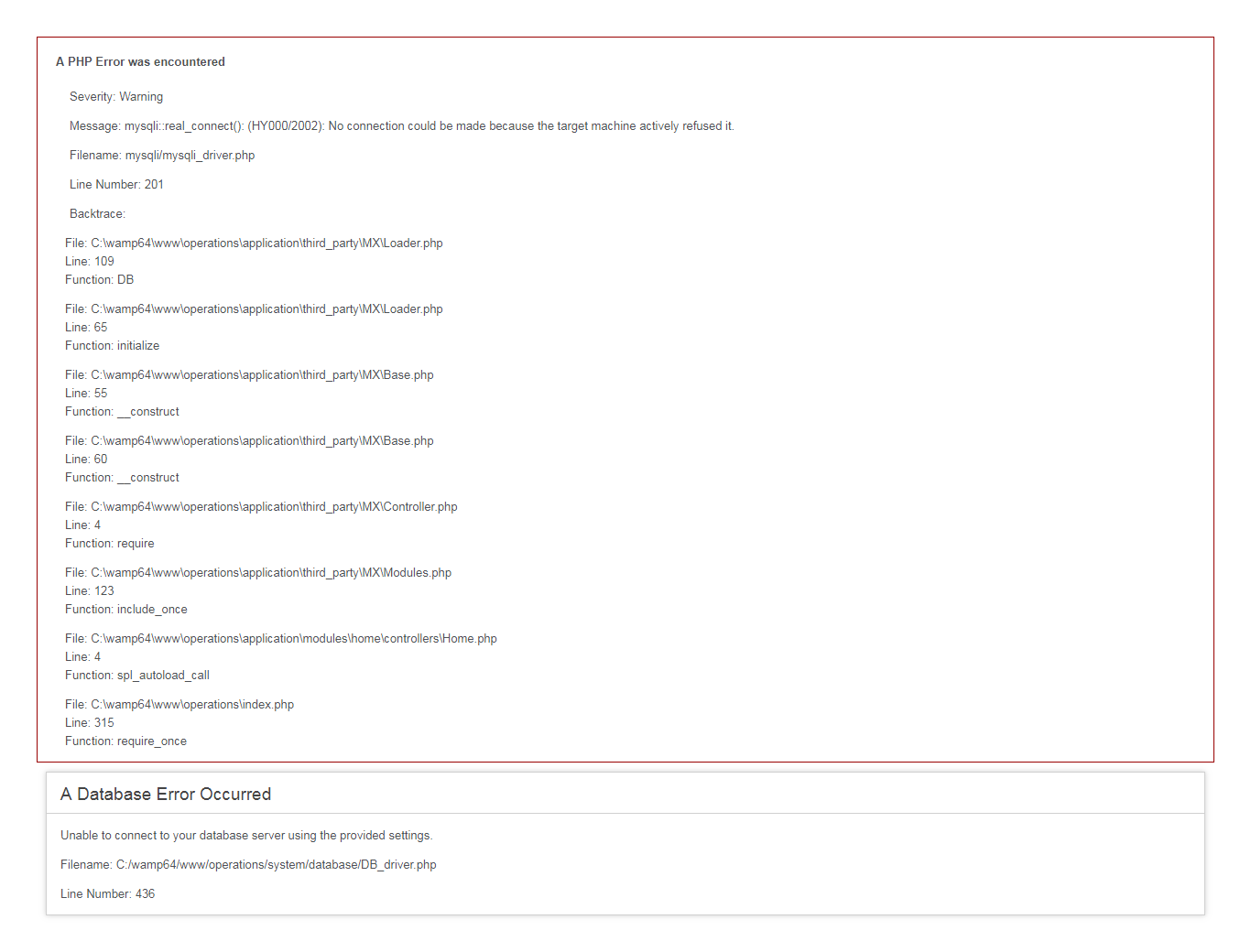 mysql Localhost connecting but database not connecting
