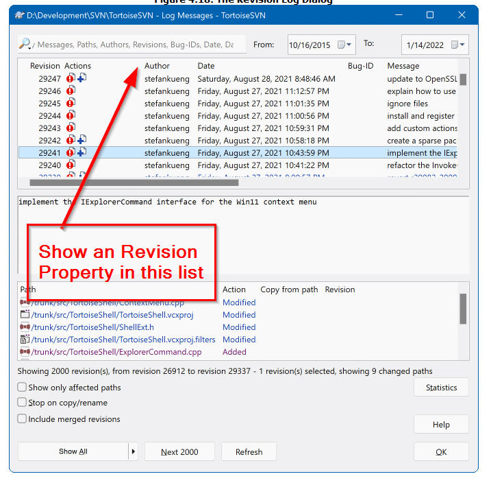 tortoisesvn Tortoise SVN adding Revision properties to log dialog