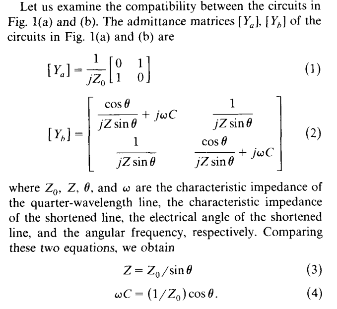 rf Deriving admittance matrix for shortened quarterwavelength