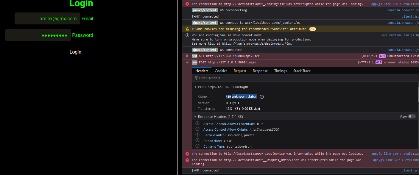 POST 419 unknown status in Nuxtjs and Laravel sanctum Laravel Questions