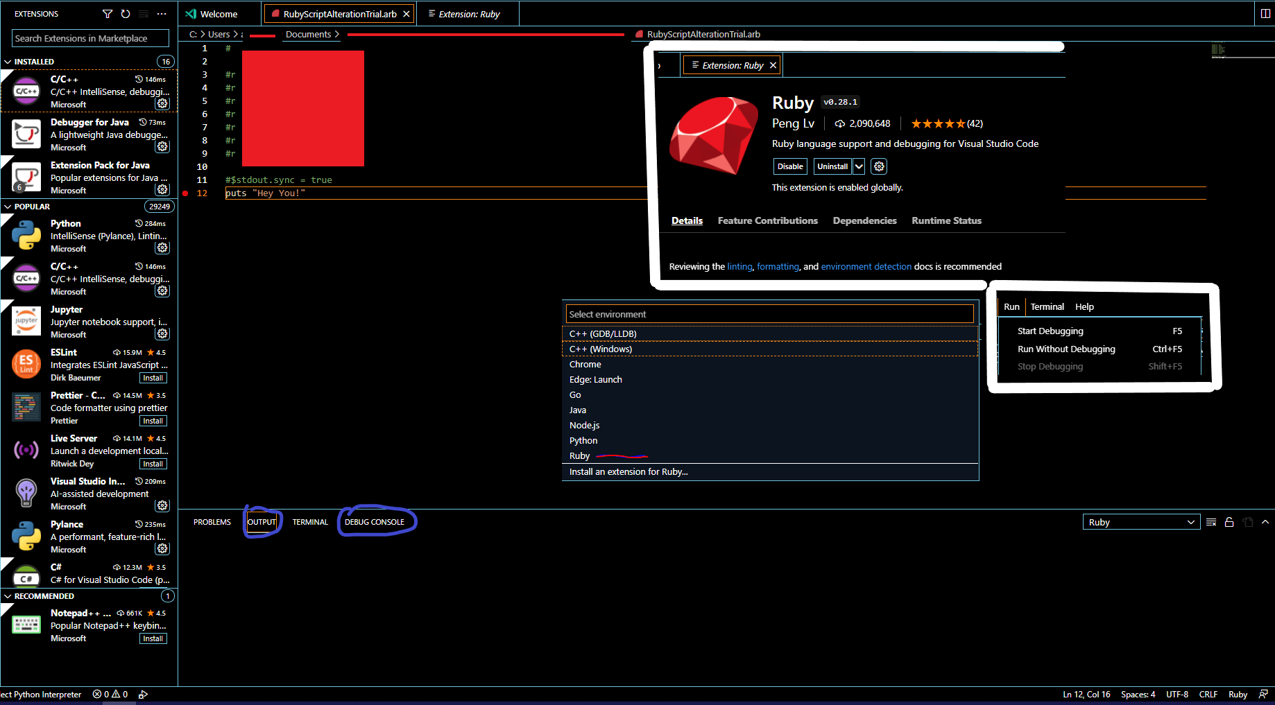 Running or debugging Ruby code in Visual Studio Code gives me no output