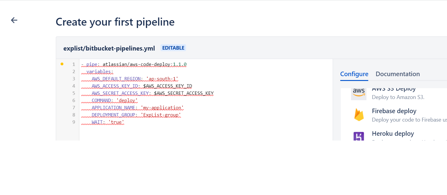 amazon web services Showing error in creating bitbucket pipeline for aws codedeploy on ec2