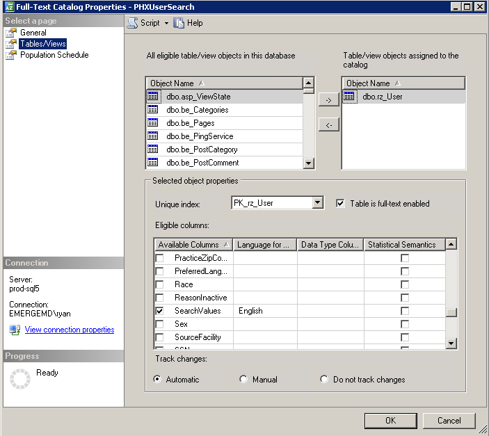 sql server 2012 Will a FullText Catalog with Track changes AUTO