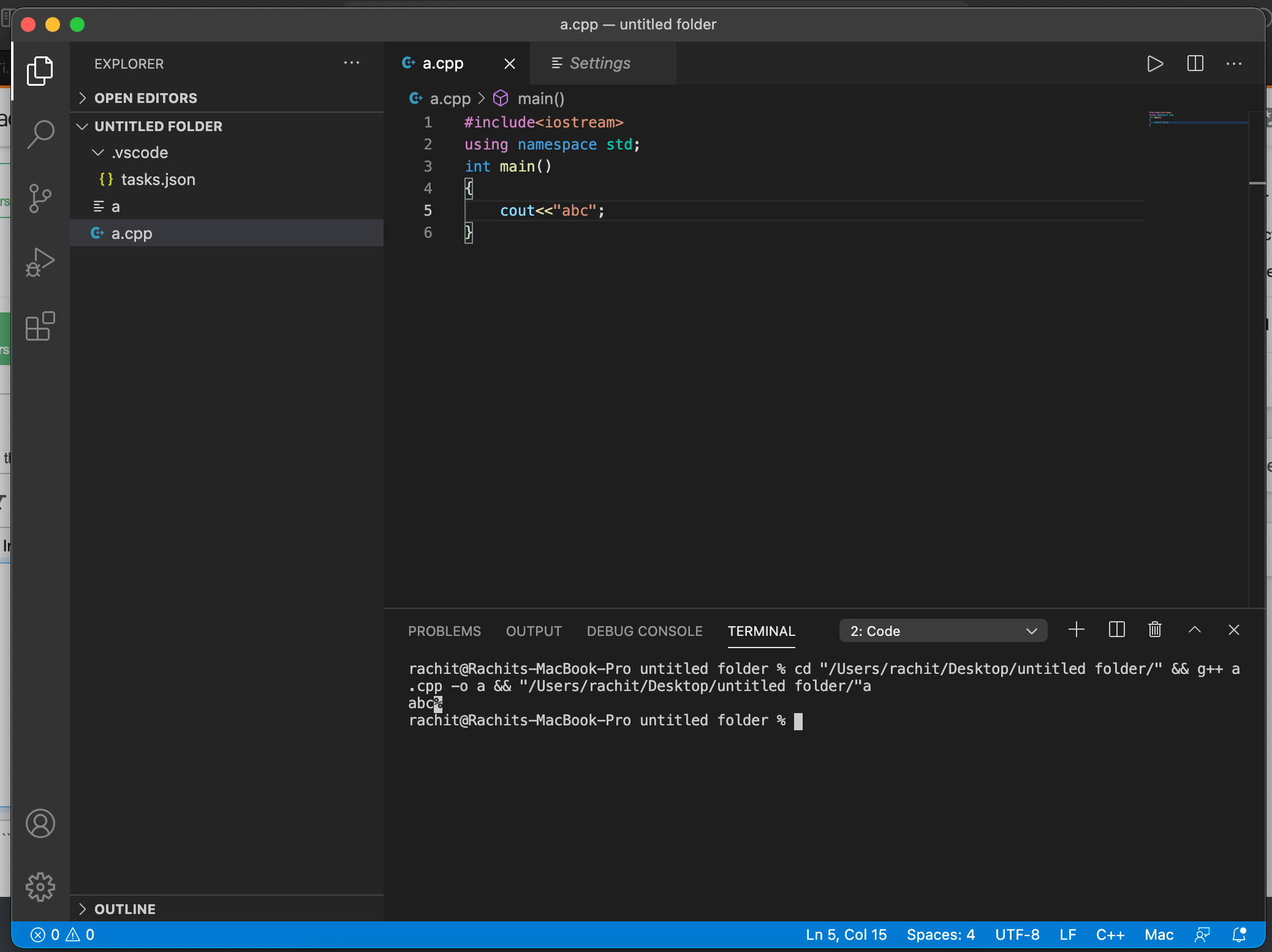 c++ unexpected symbol after running cpp program in vscode terminal