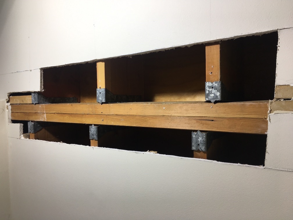 Ceiling drywall repair with poorly installed joist hangers Home