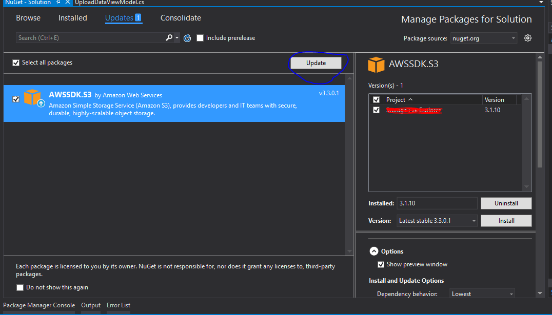 visual studio Problems in updating AWS SDK in a UWP project from