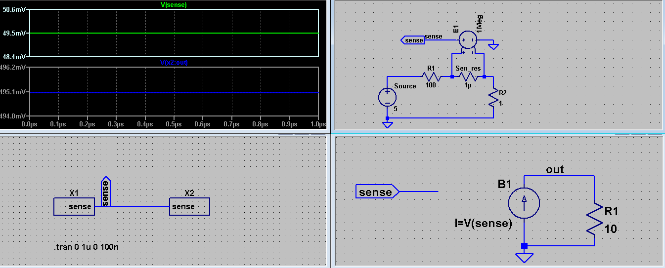 Ammeter and controlled sources in different subcircuits in LTspice