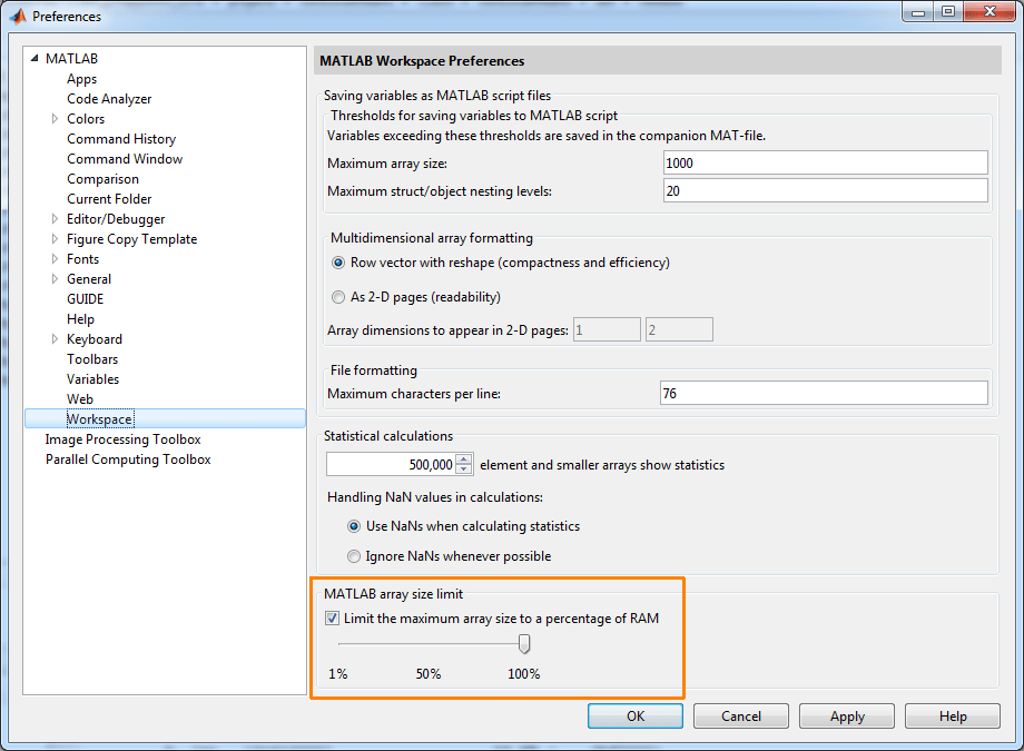 memory management Maximum array size in MATLAB? Stack Overflow