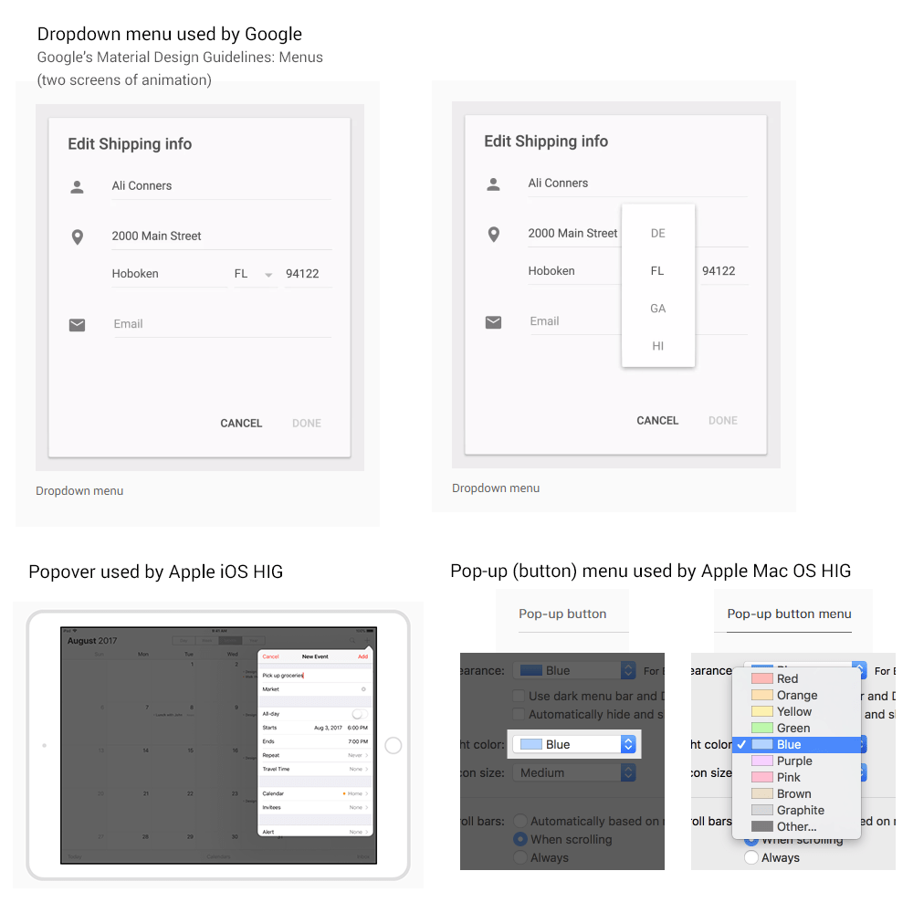 Usability Distinctions among Popover, Dropdown, and Flyout Menus