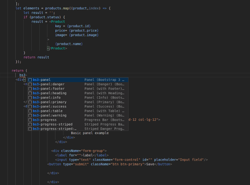 reactjs (VSCode) Cannot use Bootstrap Snippets inside
