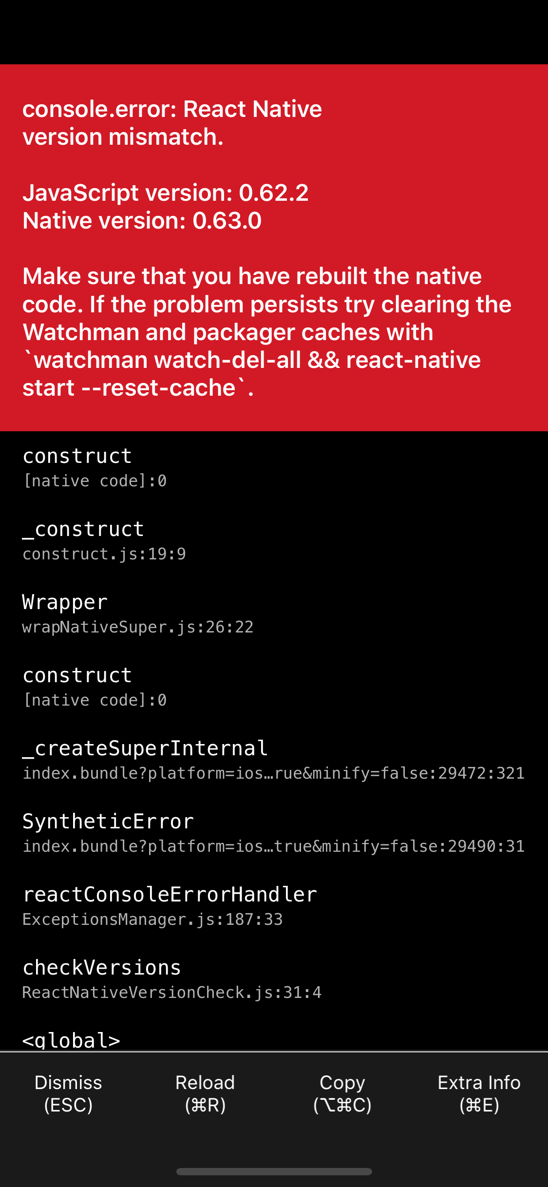 Javascript React Native Console error "Version Mismatch
