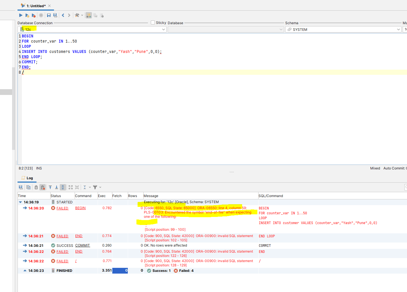 sql PLS00103 Encountered the symbol "endoffile" when expecting