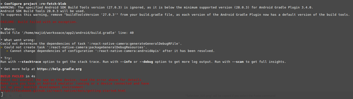 react native run android has an error. Cannot change
