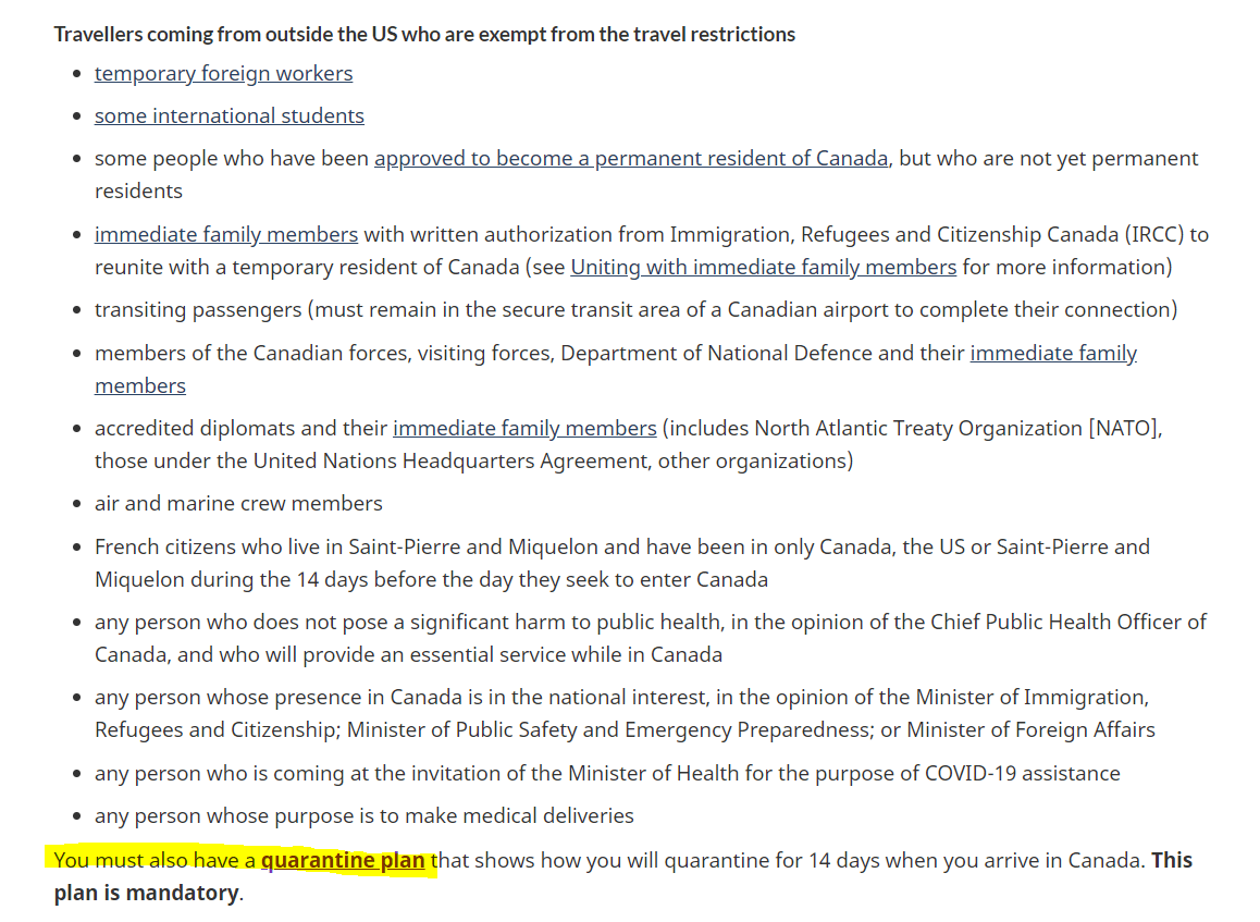 Do transit visitors to Canada require a Quarantine Plan during Covid