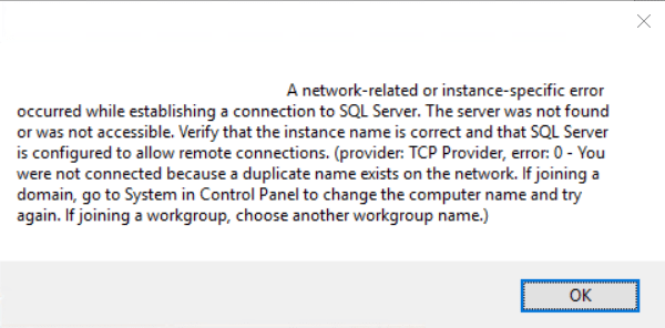 c SQL Error "You were not connected because a duplicate name exists