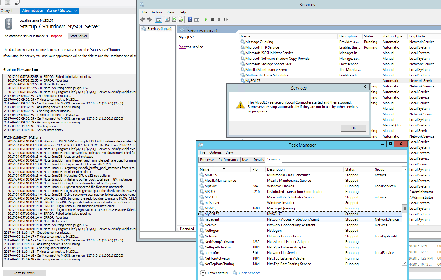 mysql MySQL57 service on Local Computer started and then stopped