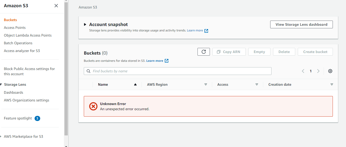 amazon web services AmazonS3 console An unexpected error occurred