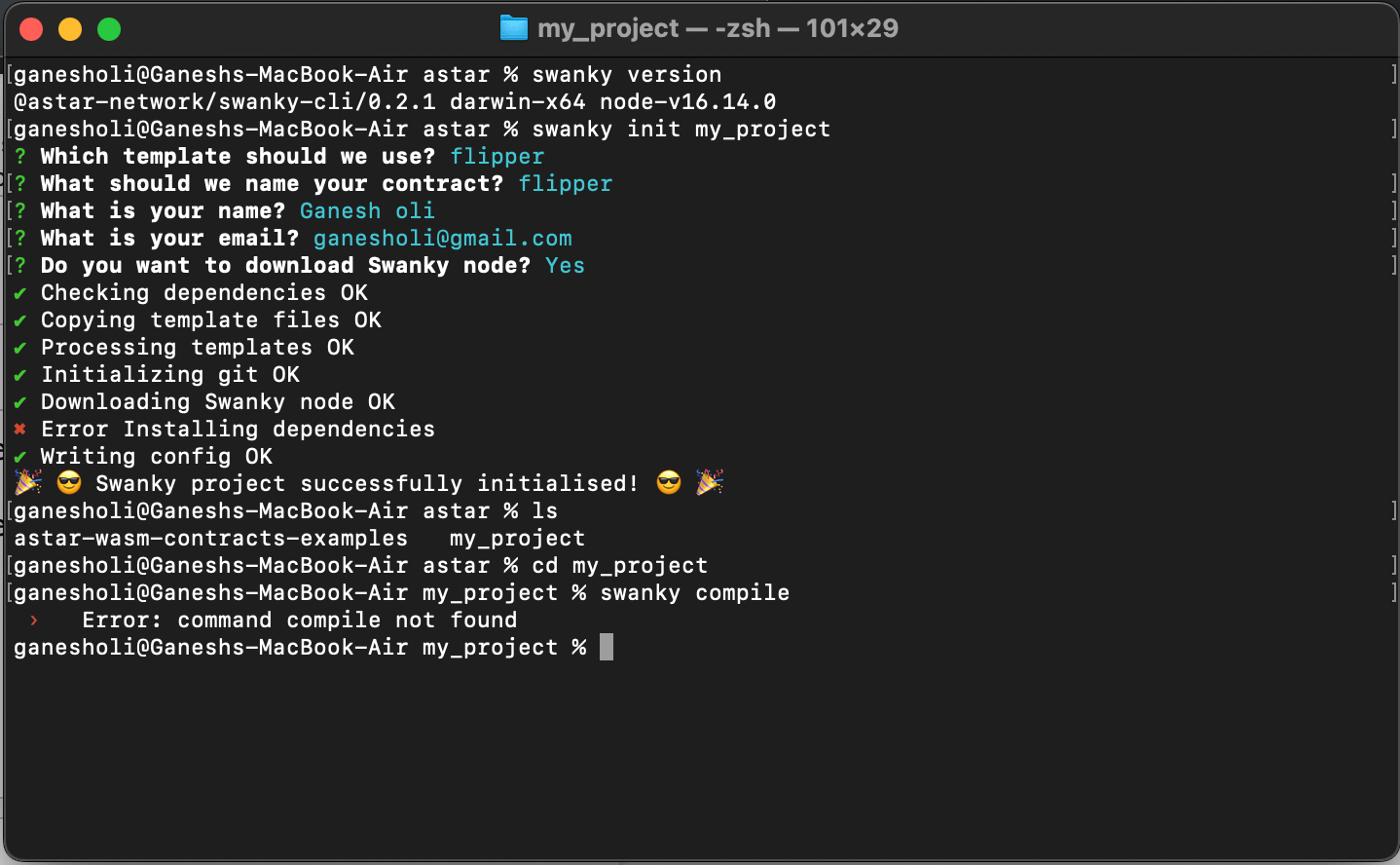 ink Error Installing dependencies on Swanky project init Substrate