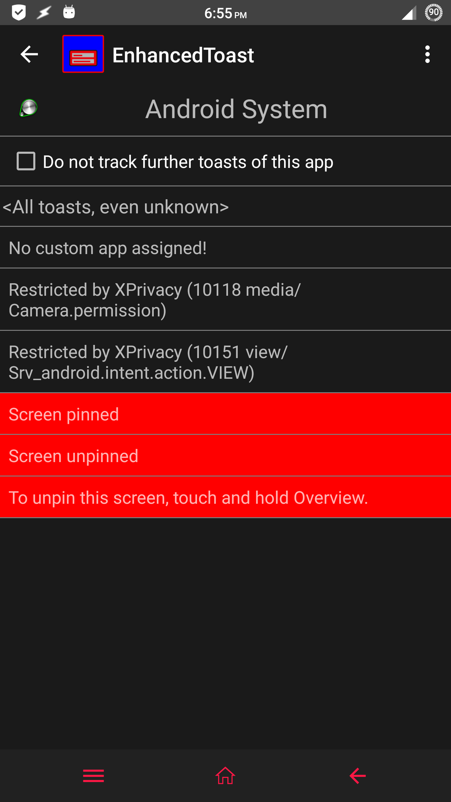 Disable toast when screen is pinned in Android Sample Code and